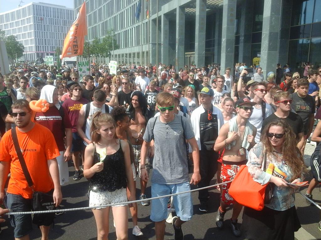 Blick vom Truck der PIRATEN auf die Demo, viele Menschen